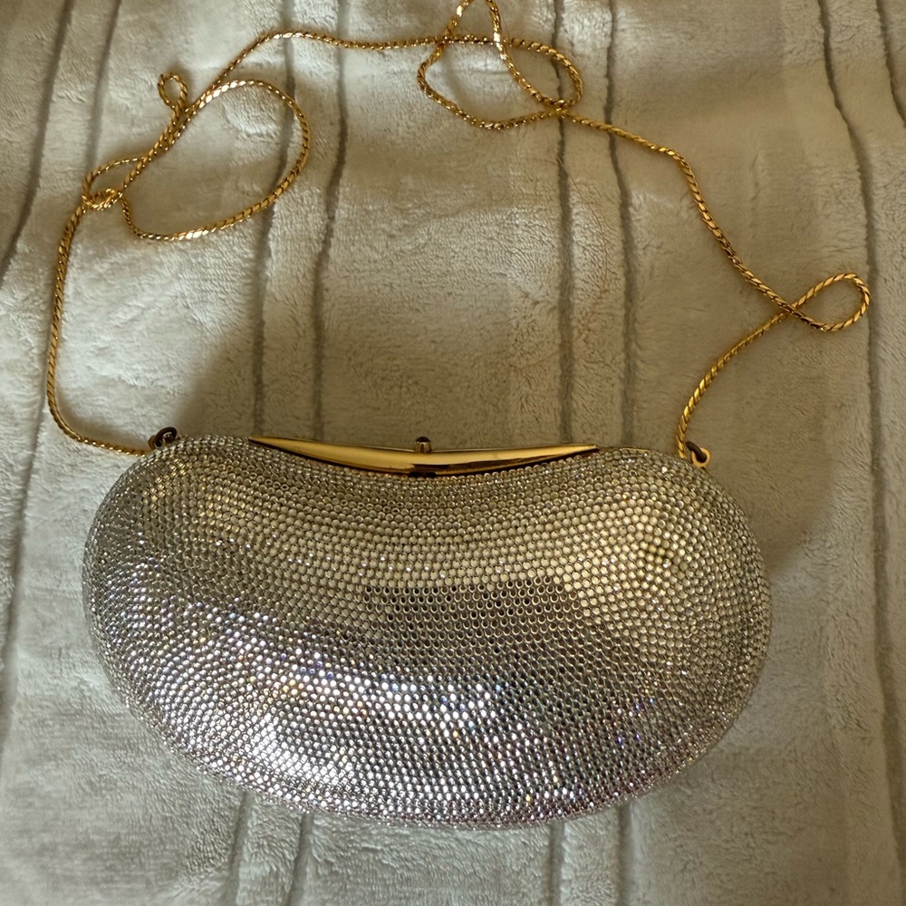 Judith Leiber Crystal Silver Bean Clutch with Gold Chain